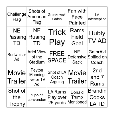 Superbowl 53 Bingo Card