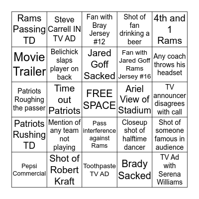 Superbowl 53 Bingo Card