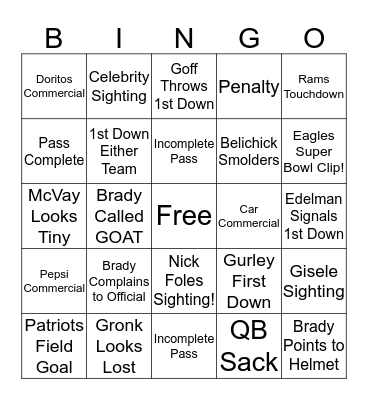 Super Bowl 2019 Bingo Card