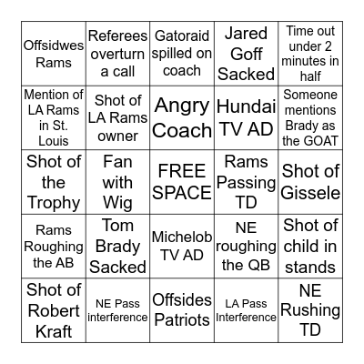 Superbowl 53 Bingo Card