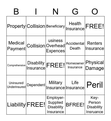 Insurance Bingo Card