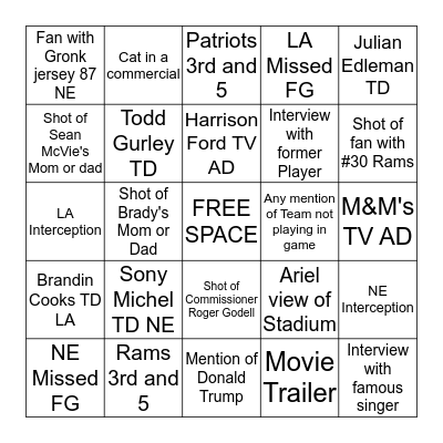 Superbowl 53 Bingo Card