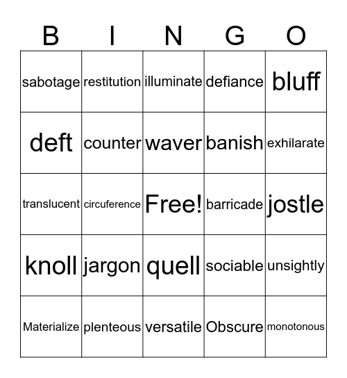 Middle School Vocabulary Bingo Card