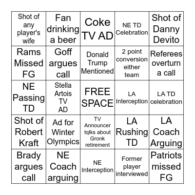 Superbowl 53 Bingo Card