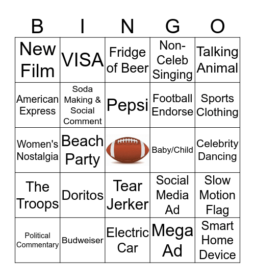 Superbowl Commercial Bingo Card