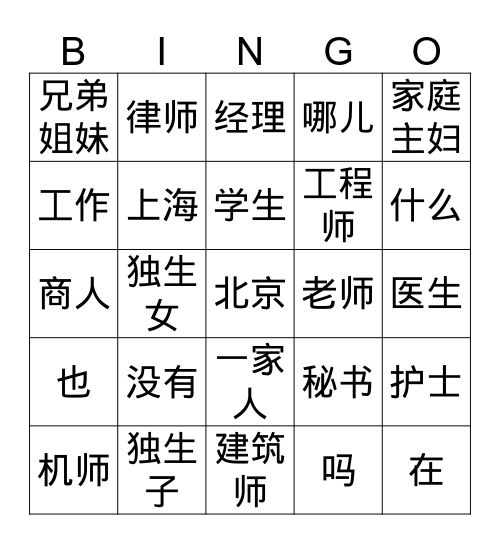 职业 Bingo Card