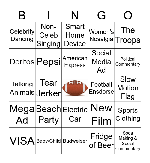 Super Bowl Commercial Bingo Card