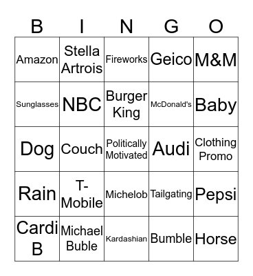 Superbowl Commercial 2019 Bingo Card