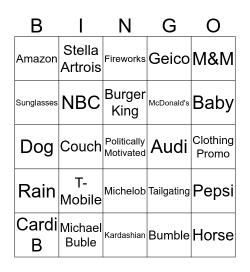 Superbowl Commercial 2019 Bingo Card