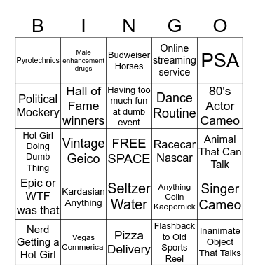 Super Bowl Commercial Bingo Card