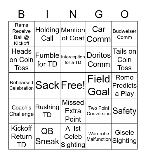 Super Bowl Bingo @ The Packing Pad Bingo Card