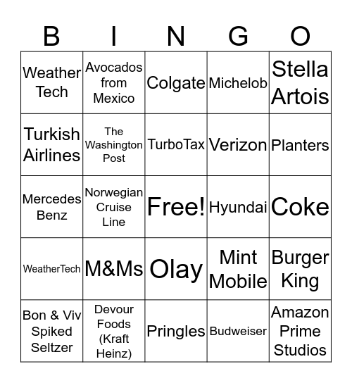 SuperBowl Commercial Bingo Card