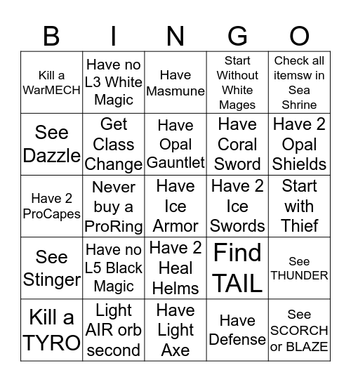 FF Randomizer Bingo (NES) Bingo Card