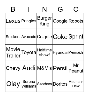 Superbowl Commercial Bingo 2019 Bingo Card