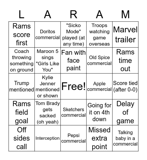 Super Bowl Bingo Card