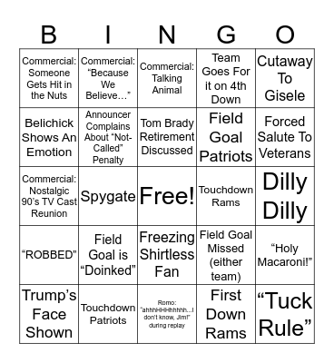 Hamm's SuperBowl Bingo Card