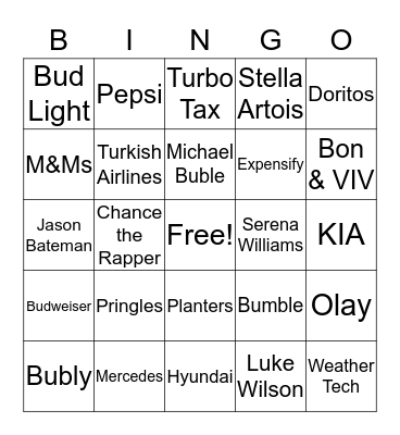 SUPERBOWL COMMERCIAL BINGO 2019 Bingo Card