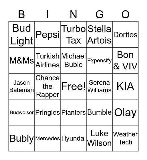 SUPERBOWL COMMERCIAL BINGO 2019 Bingo Card