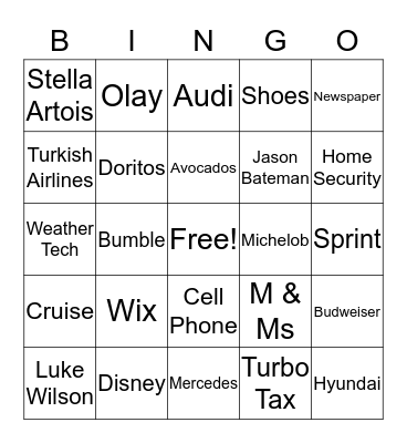 SUPERBOWL COMMERCIAL BINGO 2019 Bingo Card