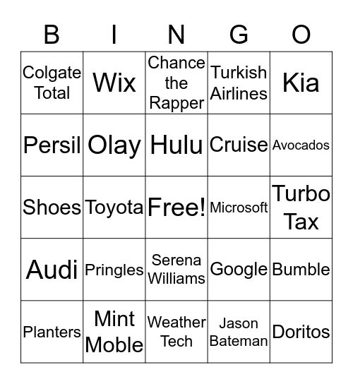 SUPERBOWL COMMERCIAL BINGO 2019 Bingo Card