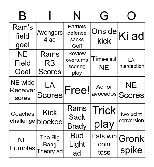 Super Bowl Bingo 2019 Bingo Card