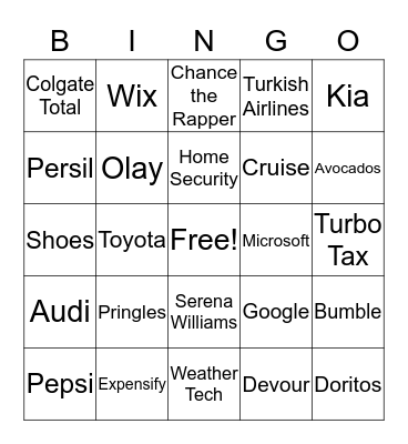 SUPERBOWL COMMERCIAL BINGO 2019 Bingo Card