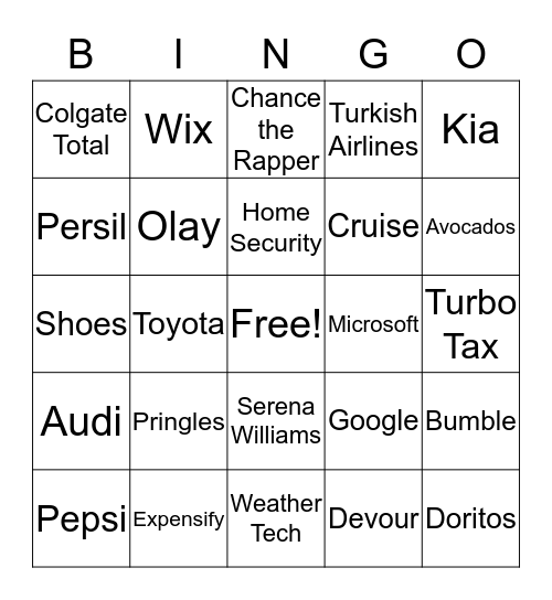 SUPERBOWL COMMERCIAL BINGO 2019 Bingo Card