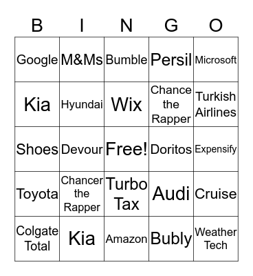 SUPERBOWL COMMERCIAL BINGO 2019 Bingo Card