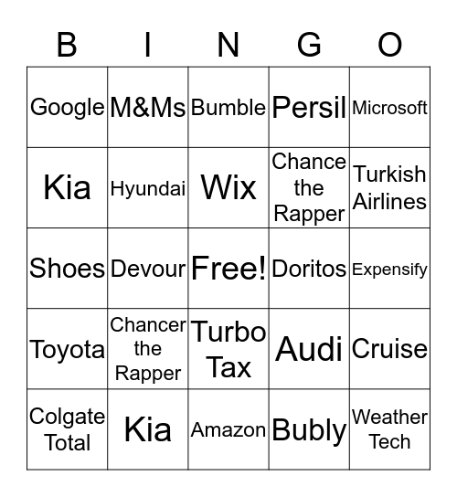 SUPERBOWL COMMERCIAL BINGO 2019 Bingo Card