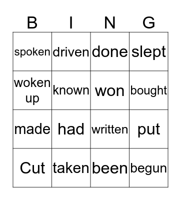 Irregular verbs Bingo Card