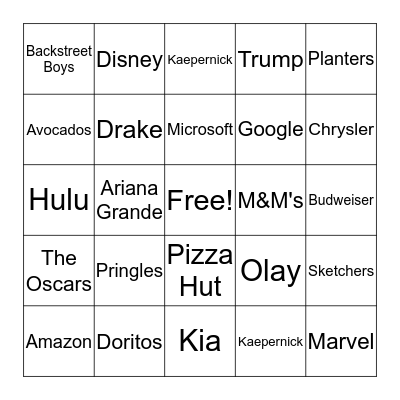 Super Bowl Commercial Bingo Card