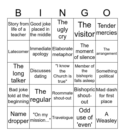 Single's Ward Testimony Bingo Card