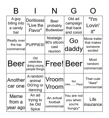 2019 Super Bowl Commercial Bingo!!  Bingo Card