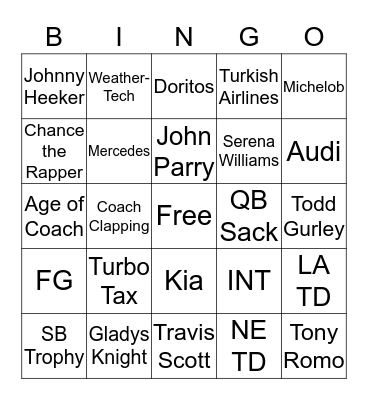 Super Bowl Bingo  Bingo Card