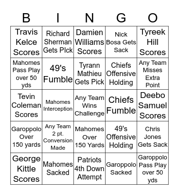 Super Bowl Bingo Card