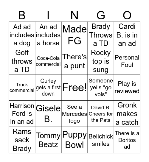 Super Nacho Bowl Bingo Card