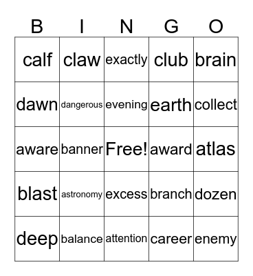 Vocabulary BINGO Card