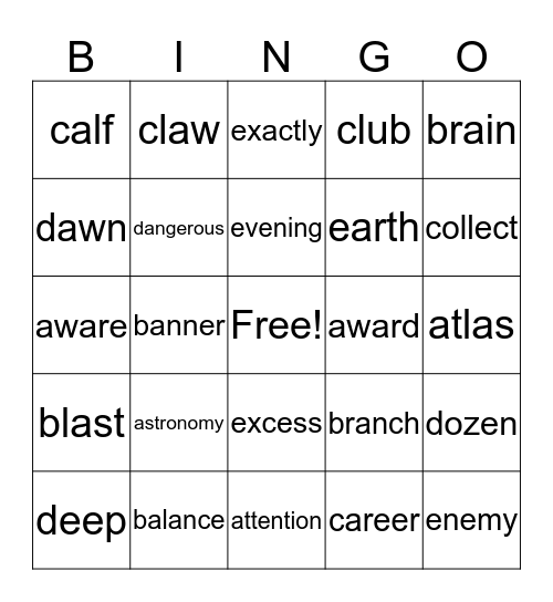 Vocabulary BINGO Card