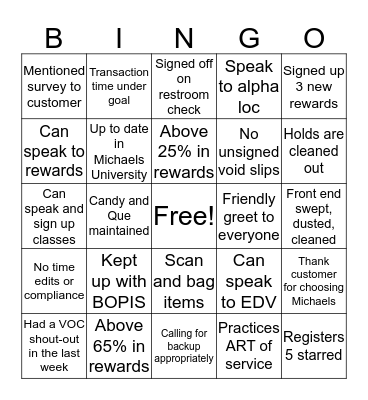 Michaels Bingo Card