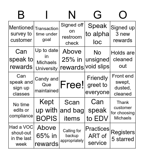 Michaels Bingo Card