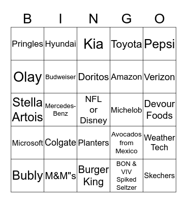 Super Bowl Commercial Bingo Card