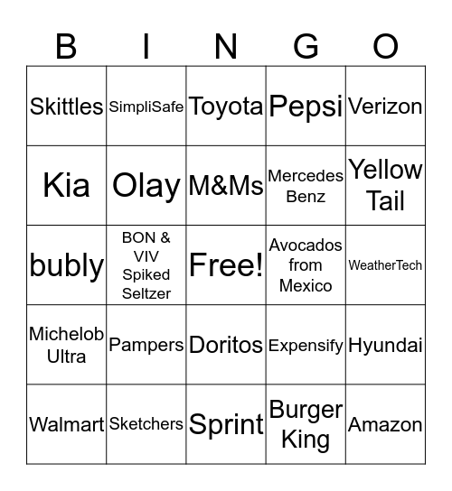 Super Bowl Commercial Bingo Card