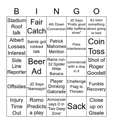 Super Bowl LIII Bingo Card