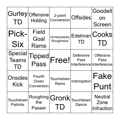 Super Bowl BINGO Card