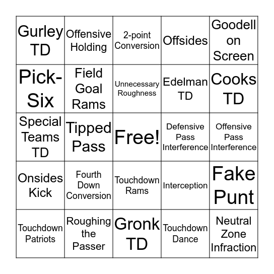 Super Bowl BINGO Card