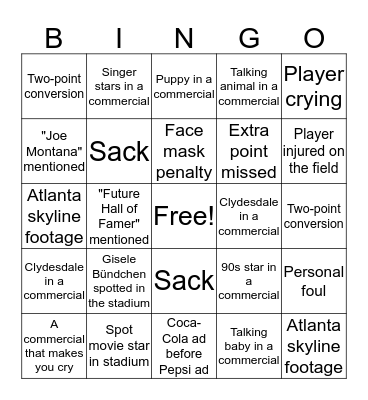 Super Bowl Bingo Card