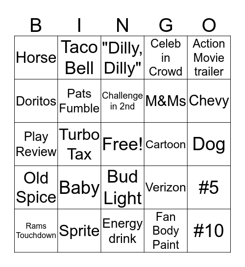 Super Bowl Bingo Card