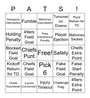 Super Bowl Bingo Card