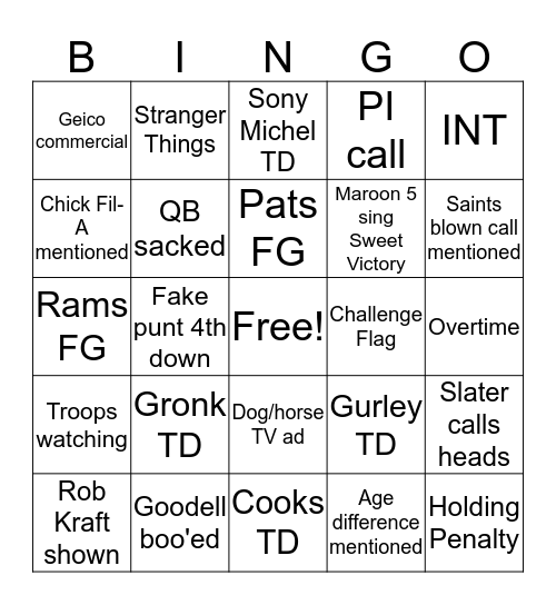 Super Bowl LIII Bingo Card
