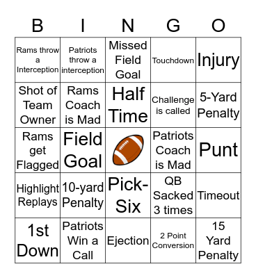 Super Bowl Bingo Card